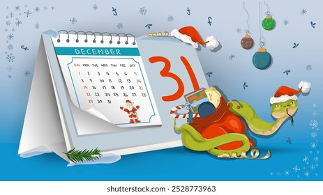 Ilustração do Ano Novo e Natal, Uma cobra envolve um saco de presentes em um fundo de calendário