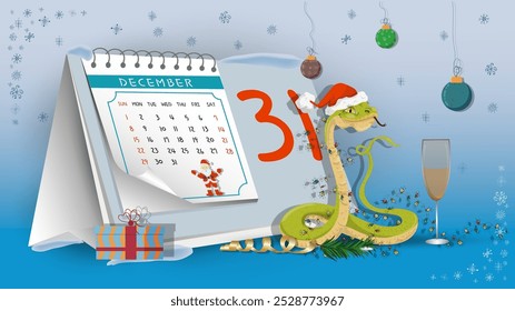Ilustração do Ano Novo e Natal, uma cobra enrolada em grinaldas sobre um fundo de calendário