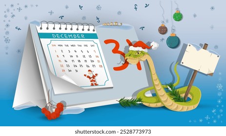 Ilustração do Ano Novo e Natal, uma cobra com uma placa de madeira no fundo do calendário