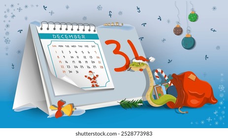 Illustration of the New Year and Christmas, A snake crawls out of a bag of gifts on a calendar background