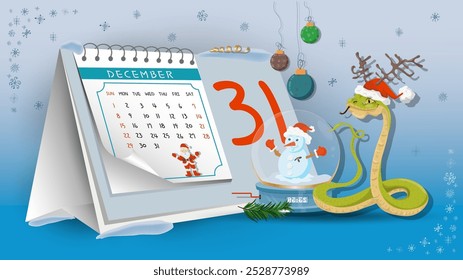 Illustration of New Year and Christmas, a snake with a glass ball on a calendar background