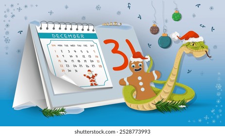 Illustration of the New Year and Christmas, A snake wraps around a gingerbread man on a calendar background