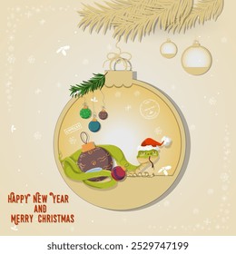 Illustration of the New Year and Christmas, A snake wraps around a Christmas tree decoration in a Christmas ball hanging on a branch