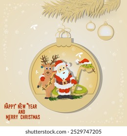 Illustration of the New Year and Christmas, A snake and Santa and a deer hugging in a Christmas tree ball hanging on a branch