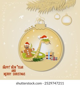 Illustration of the New Year and Christmas, A snake wraps around a gingerbread man in a Christmas tree ball hanging on a branch