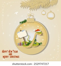 Illustration of the New Year and Christmas, a snake with a wooden plaque in a Christmas tree ball hanging on a branch
