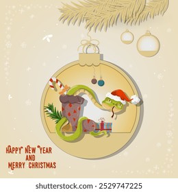 Illustration of the New Year and Christmas, A snake crawls out of a sock in a Christmas tree ball hanging on a branch