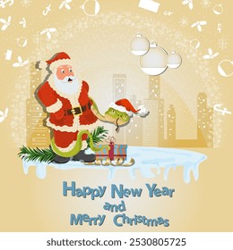 Illustration of the New Year and Christmas, A snake wraps around Santa in a circle of snowflakes and a city in the background