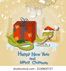 Illustration of the New Year and Christmas, A snake wraps around a gift box in a circle of snowflakes and a city in the background