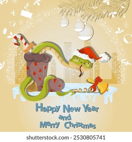 Illustration of the New Year and Christmas, A snake crawls out of a gift sock in a circle of snowflakes and a city in the background
