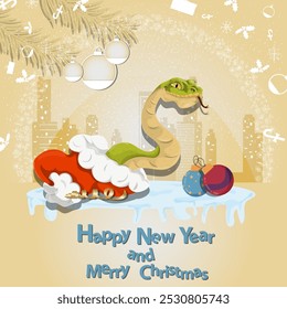 Illustration of the New Year and Christmas, A snake crawls out of Santas hat in a circle of snowflakes and a city in the background