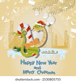 Illustration of the New Year and Christmas, A snake wraps around a striped candy in a circle of snowflakes and a city in the background