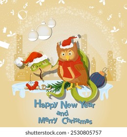 Illustration of the New Year and Christmas, a snake and an owl in Santa hats in a circle of snowflakes and a city in the background