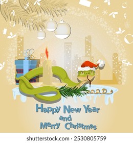 Illustration of the New Year and Christmas, A snake wraps around a candle in a circle of snowflakes and a city in the background