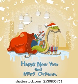 Illustration of the New Year and Christmas, A snake crawls out of a bag with gifts in a circle of snowflakes and a city in the background