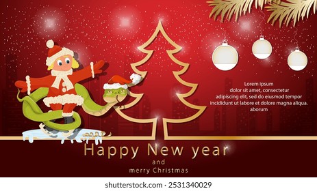 Illustration of the New Year and Christmas, A snake wraps around a girl on skates next to a spruce tree in the form of a contour