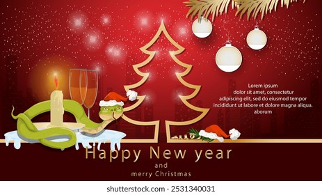 Illustration of the New Year and Christmas, A snake wraps around a candle next to a fir tree in the form of an outline