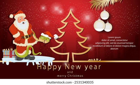 Illustration of the New Year and Christmas, A snake wraps around Santa Claus next to a spruce tree in the form of a contour
