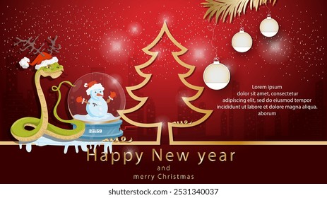Illustration of the New Year and Christmas, a snake with a glass ball next to a fir tree in the form of a contour