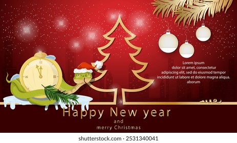 Illustration of the New Year and Christmas, A snake wraps around a clock next to a fir tree in the form of an outline