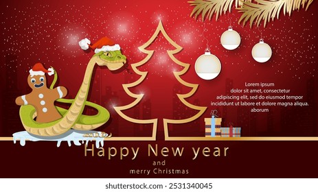 Illustration of the New Year and Christmas, A snake wraps around a gingerbread man next to a spruce tree in the form of a contour