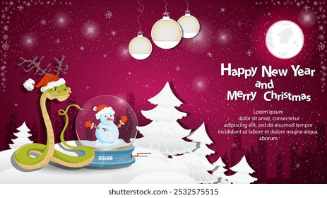 Illustration of the New Year and Christmas, A snake next to a glass ball at night in a snowy clearing among the trees