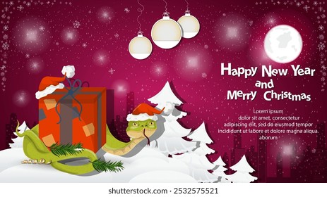 Illustration of the New Year and Christmas, A snake wraps around a gift box in a snowy clearing among the trees