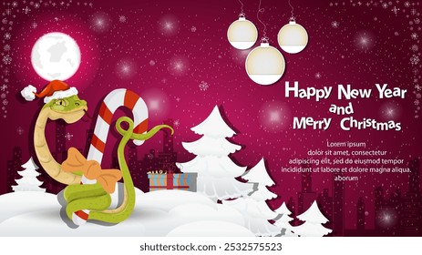Illustration of the New Year and Christmas, A snake wraps around a festive candy in a snowy clearing among the trees