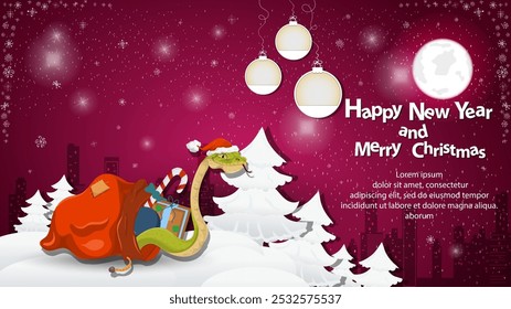 Illustration of the New Year and Christmas, A snake crawls out of a bag of gifts at night in a snowy clearing among the trees