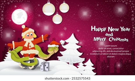 Illustration of the New Year and Christmas, A snake wraps around a girl on skates in a snowy clearing among the trees