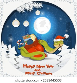 Illustration of the New Year and Christmas, A snake wraps around a bag of gifts at night among the fir trees in the snow in a clearing