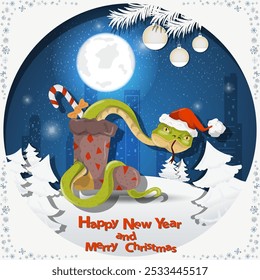Illustration of the New Year and Christmas, A snake crawls out of a gift sock at night among the fir trees in the snow in a clearing