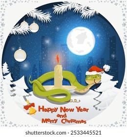 Illustration of the New Year and Christmas, A snake wraps around a burning candle among fir trees in the snow in a clearing