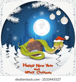 Illustration of the New Year and Christmas, A snake wraps around a Christmas tree ball at night among the fir trees in the snow in a clearing
