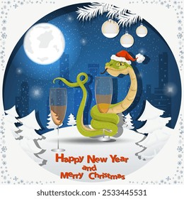 Illustration of the New Year and Christmas, A snake wraps around a glass of drink at night among the fir trees in the snow in a clearing