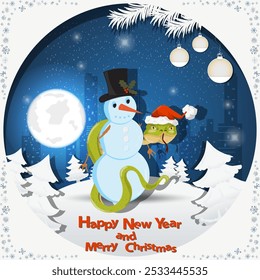 Illustration of the New Year and Christmas, A snake wraps around a snowman at night among the fir trees in the snow in a clearing