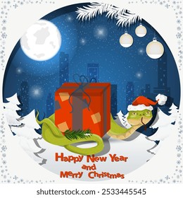 Illustration of the New Year and Christmas, A snake wraps around a gift box at night among the fir trees in the snow in a clearing