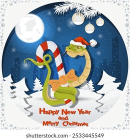 Illustration of the New Year and Christmas, A snake wraps around a festive candy at night among the fir trees in the snow in a clearing