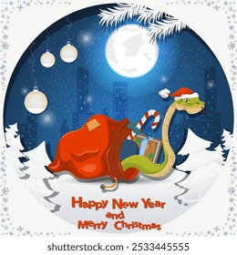 Illustration of the New Year and Christmas, A snake crawls out of a bag of gifts at night among the fir trees in the snow in a clearing