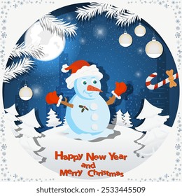 Illustration of the New Year and Christmas, a Snowman wearing Santa hat among the fir trees in the snow in a clearing