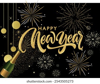 Illustration of the New Year, a combination of colors with a black and gold background with a champagne bottle