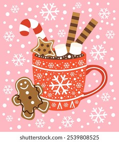 Illustration of new year cup with sweets on pink background.