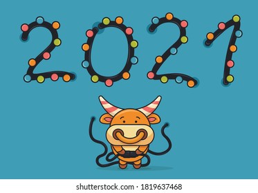Illustration for the new year "Cute bull lights a garland". 2021. Chinese new year symbol.