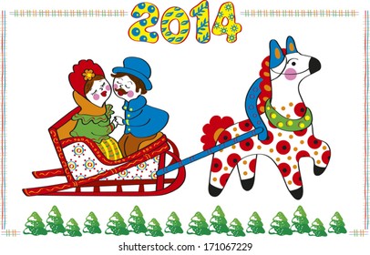 Illustration for new year. Folk art. The horse carries sledge. On sledge the loving couple sits and kisses. 
