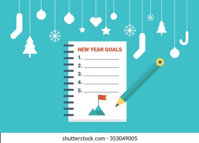 Illustration Of New Year Goals List, Flat Design Concept With Icons Elements