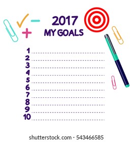 Illustration New Year Goals List, Vector Illustration Isolated On White Background.  Concept Of Personal Scheduling Template. List, Pen, Notepad Diary, Plus.