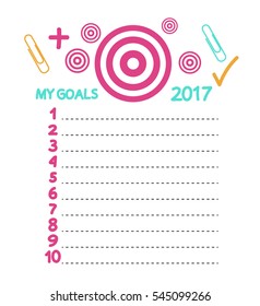 Illustration New Year Goals list, Vector illustration isolated on white background. Concept of personal scheduling template. List, pen, notepad diary, plus.