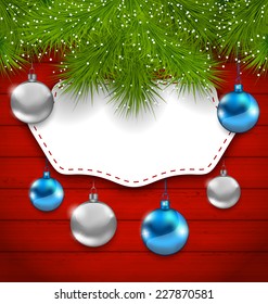 Illustration New Year greeting card with colorful balls and fir branches - vector