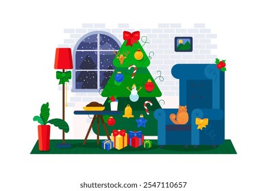 Illustration of New Year home interior with Christmas tree decorated with garlands and toys, a festive New Year table, cozy home armchair, gifts and snow outside window. Vector isolated on white back