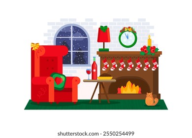 Illustration of New Year home interior with Christmas Fireplace decorated with socks and toys, a festive New Year table, cozy home armchair, bows and snow outside window